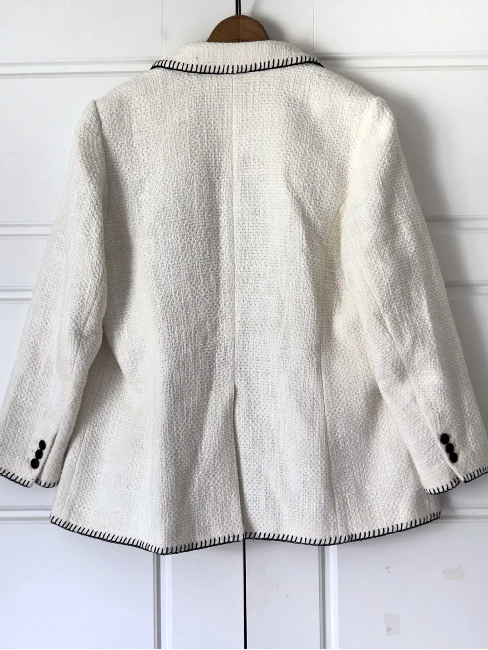 Talbots Tweed Blazer 14W Cream Black Whipstitch Jacket Classic Office Cotton